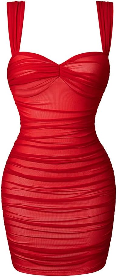 LAGSHIAN Women Square Neck Sleeveless Bodycon Ruched Mini Dress | Summer,Sexy,Tank Straps,Mesh,Club Party,Stretchy,Color Blocking,Off Shoulder,Slim Fit,Sweetheart Neck,Date,
