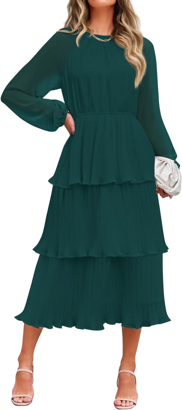 ZESICA Women's 2026 Chiffon Tiered Long Sleeve Dresses | Fall Wedding Guest, Elegant, Modest, Crew Neck, Ruffle, Pleated, Layered, Flowy, Formal Midi Dress