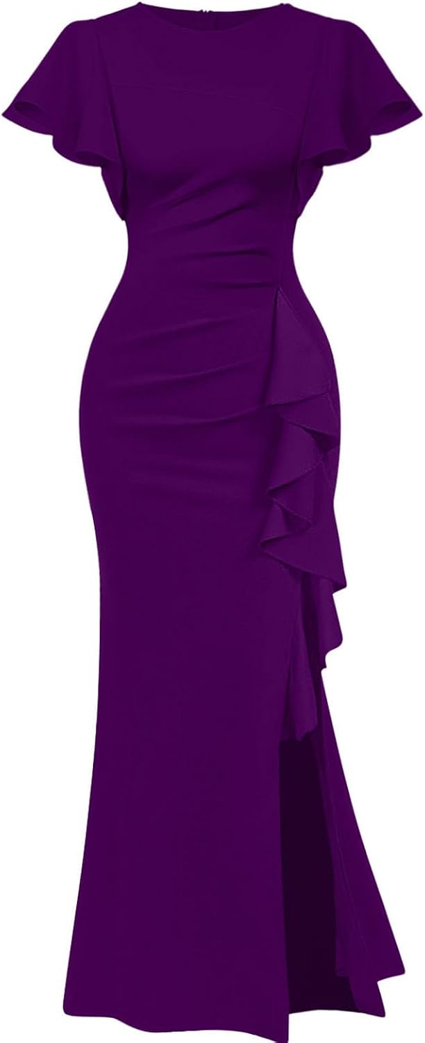 Memoriesea Women's Elegant High Split Ruched Bodycon Mermaid Evening Cocktail Maxi Dress