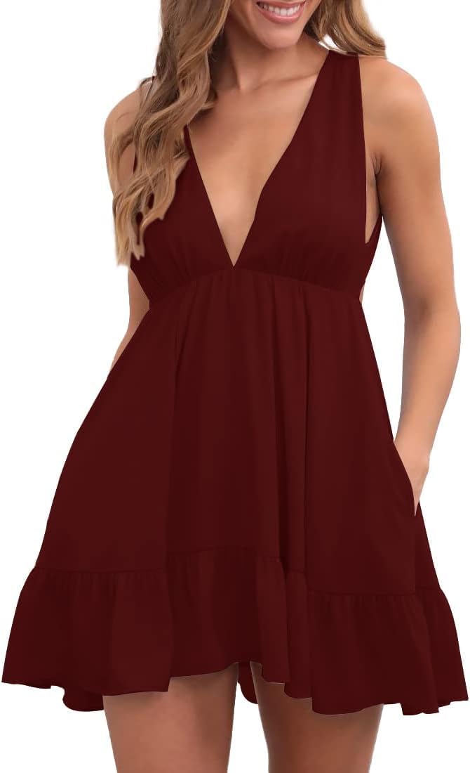 Womens Summer Mini Dress Deep V-Neck Ruffle Flowy Backless Short Dresses | Strap, Loose, Solid, Sundress, Babydoll, Beach, Vacation, Country Concert, Dresses with Pockets