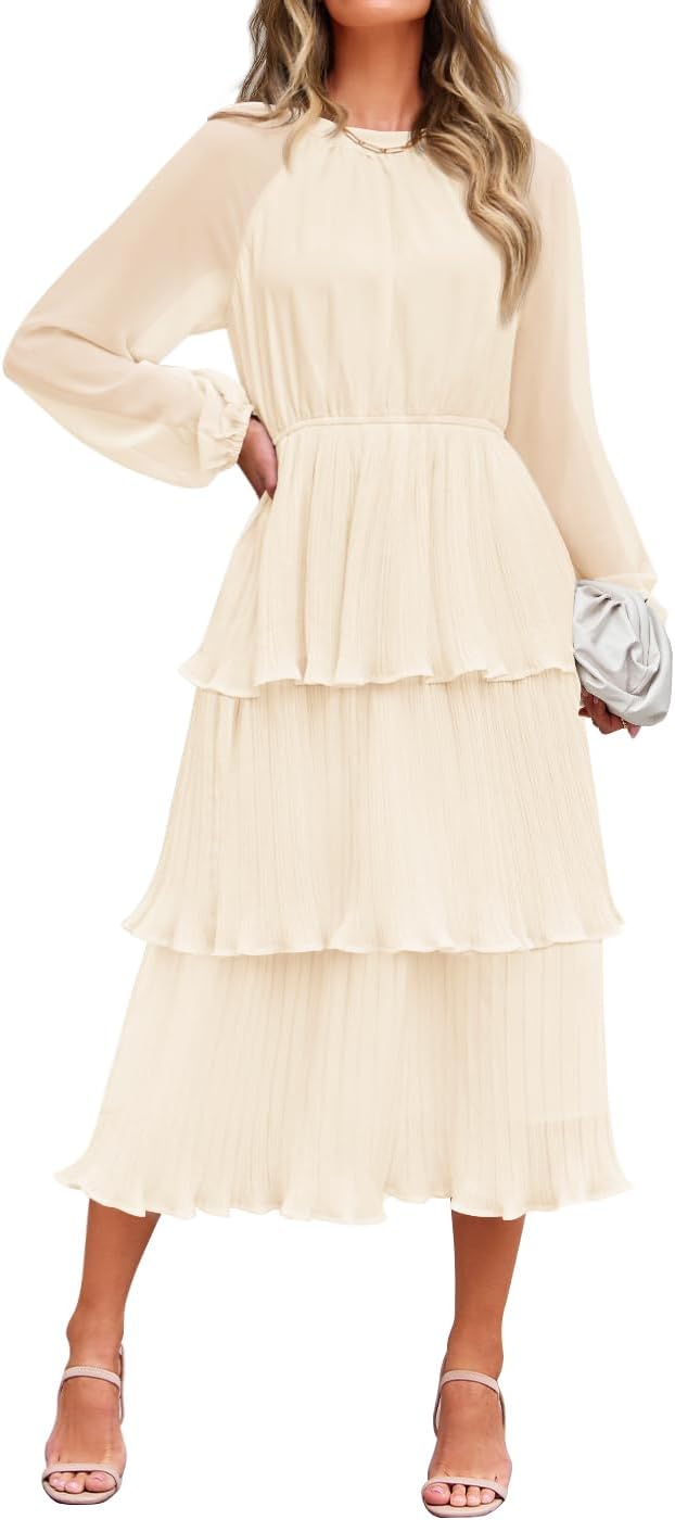 ZESICA Women's 2026 Chiffon Tiered Long Sleeve Dresses | Fall Wedding Guest, Elegant, Modest, Crew Neck, Ruffle, Pleated, Layered, Flowy, Formal Midi Dress