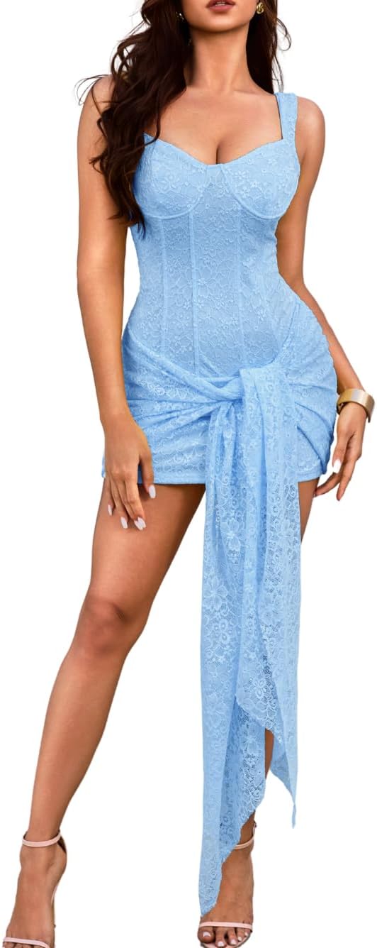 ChiaoLezhee Women's Sexy Lace Corset Mini Dress Bodycon with Tie-Waist | Floral Lace | Fully Lined | Opaque & Soft | Perfect for: Clubbing, Birthday, Date Nights, Concerts