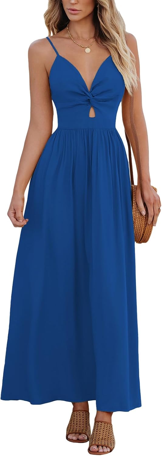CUPSHE Women's V Neck Twisted Pleated Cutout Backless Formal Maxi Dress | Sleeveless, Self Tie Back, Adjustable Spaghetti Straps, Open Back, Casual Flowy Long Skirt, Summer Beach Resort Sundress