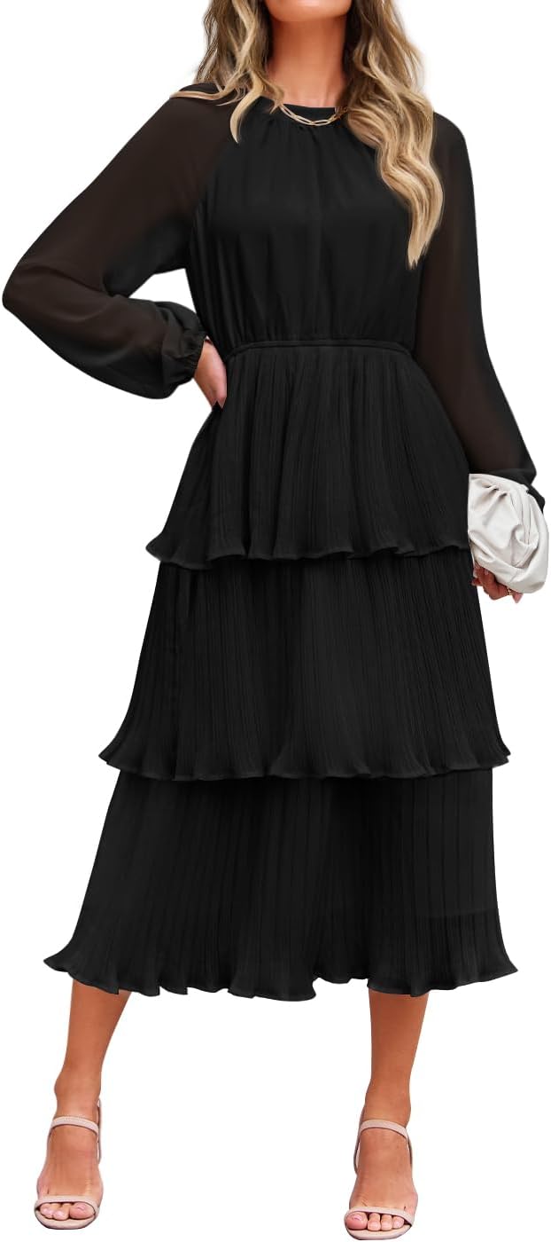 ZESICA Women's 2026 Chiffon Tiered Long Sleeve Dresses | Fall Wedding Guest, Elegant, Modest, Crew Neck, Ruffle, Pleated, Layered, Flowy, Formal Midi Dress