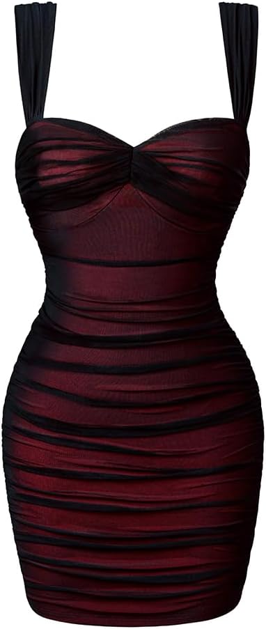 LAGSHIAN Women Square Neck Sleeveless Bodycon Ruched Mini Dress | Summer,Sexy,Tank Straps,Mesh,Club Party,Stretchy,Color Blocking,Off Shoulder,Slim Fit,Sweetheart Neck,Date,