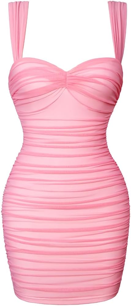 LAGSHIAN Women Square Neck Sleeveless Bodycon Ruched Mini Dress | Summer,Sexy,Tank Straps,Mesh,Club Party,Stretchy,Color Blocking,Off Shoulder,Slim Fit,Sweetheart Neck,Date,