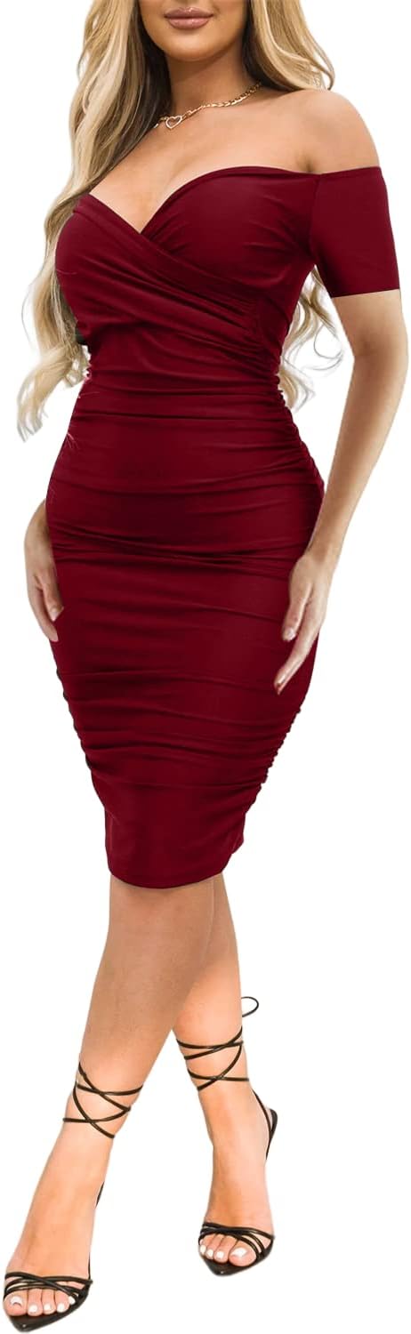 Ekaliy Women's Sexy Off The Shoulder Midi Dress Ruched Bodycon Dresses | Stretchy fabric,off shoulder,bodycon,short sleeve,ruched midi dress hugs curves for formal occasions