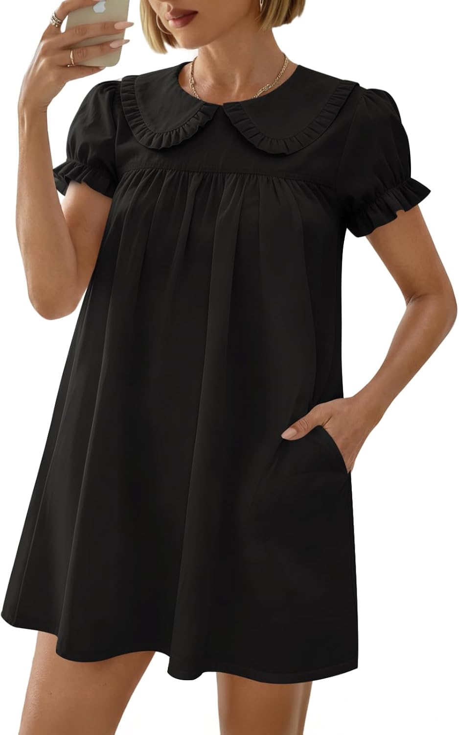 Xuiqx Women's Cute Babydoll Mini Dress Peter Pan Collar Ruffle Short Sleeve Pleated A Line Dresses 2026 Summer