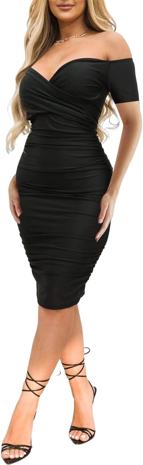 Ekaliy Women's Sexy Off The Shoulder Midi Dress Ruched Bodycon Dresses | Stretchy fabric,off shoulder,bodycon,short sleeve,ruched midi dress hugs curves for formal occasions