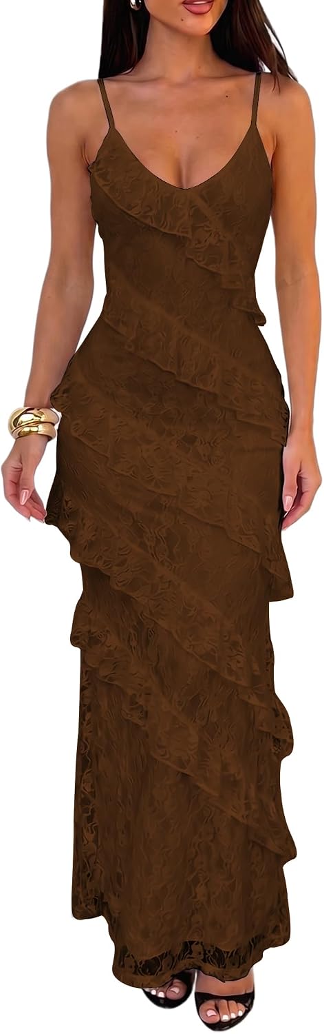 HOCILLE Women's Sexy V Neck Floral Wedding Guest Cocktail Maxi Dress | Sundress Lace Bodycon Spaghetti Strap Elegant Ruffle Party Long Dresses