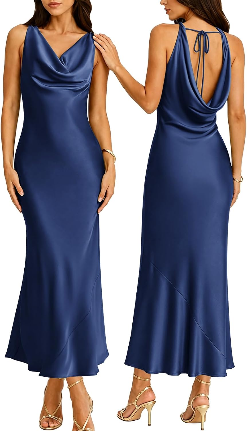 RIHOAS Women Cowl Neck Dress Satin Sleeveless Maxi Dresses | Wedding Guest,Bridesmaid,Semi Formal,Formal,Party,Cocktail,Elegant,Bridal Shower,Prom,Back Tie,Fall,Dinner,Christmas