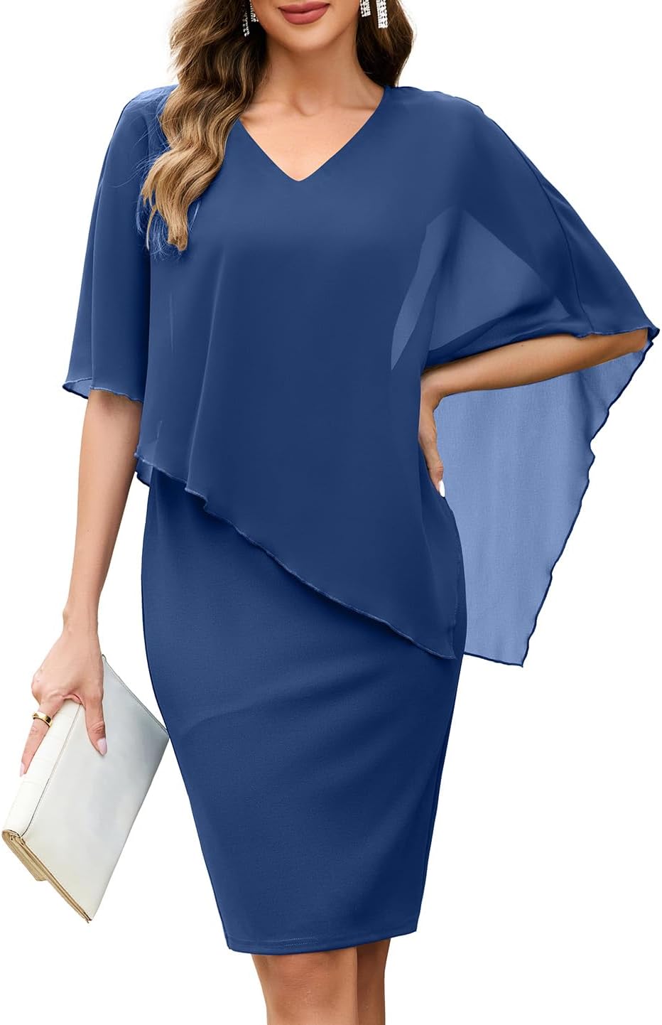 oten Women's Chiffon Cape Overlay V Neck Cocktail Knee Length Short Dresses | Semi Formal Dresses for Women, Slit, Batwing Cape Sleeve, Church, Dinner, Wedding Guest, Party Short Dress