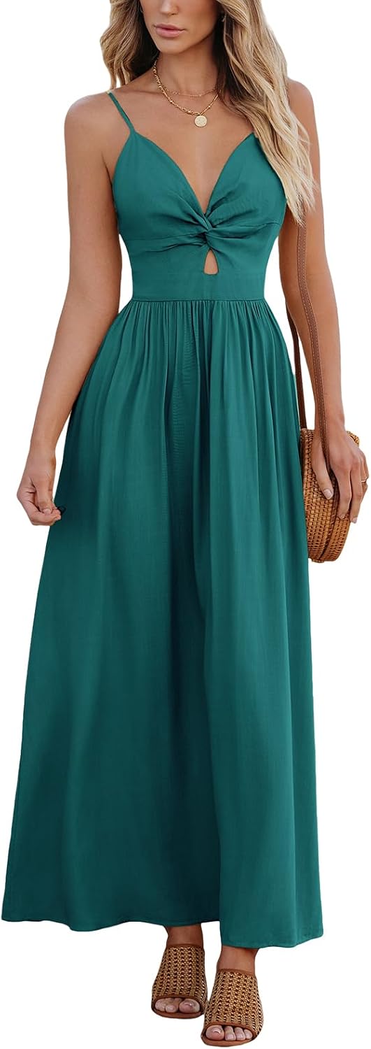 CUPSHE Women's V Neck Twisted Pleated Cutout Backless Formal Maxi Dress | Sleeveless, Self Tie Back, Adjustable Spaghetti Straps, Open Back, Casual Flowy Long Skirt, Summer Beach Resort Sundress