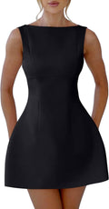 YMDUCH Women's Sexy Sleeveless Crew Neck A-line Party Mini Dress | Backless,Back Zipper,Short,Sexy,Club,Solid,Fitted,Elegant,Cocktail,Party,Comfy,Wedding Guest,Graduation,Date Night,Sexy