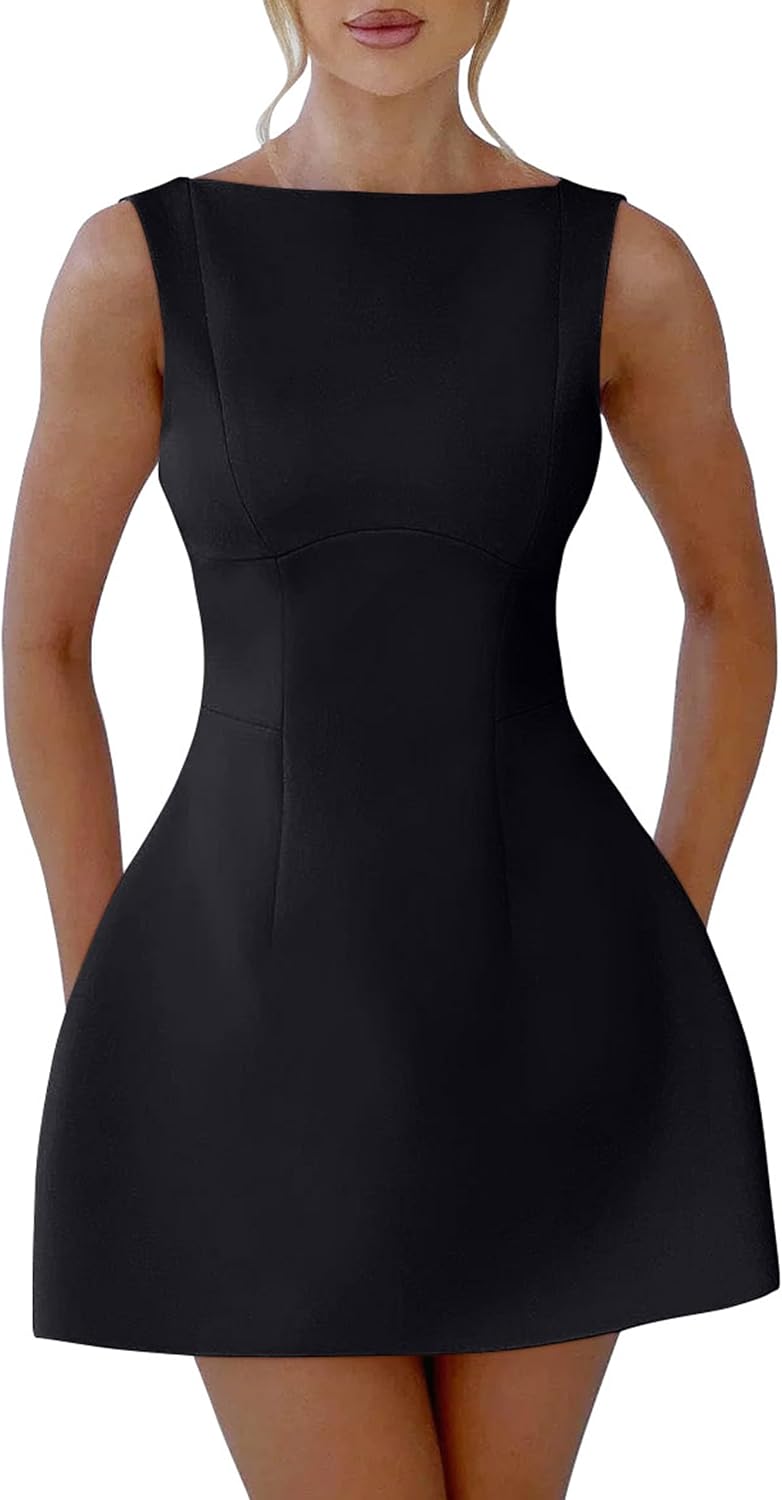 YMDUCH Women's Sexy Sleeveless Crew Neck A-line Party Mini Dress | Backless,Back Zipper,Short,Sexy,Club,Solid,Fitted,Elegant,Cocktail,Party,Comfy,Wedding Guest,Graduation,Date Night,Sexy