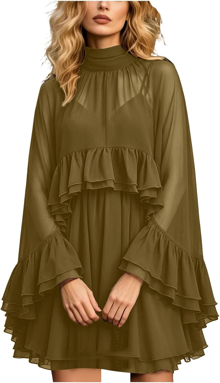 Chiffon Cape Dress for Women Sheer Ruffle Cape Sleeve Chiffon Wrap Cami Dress with Shawl Draped Dresses with Sheer Overlay