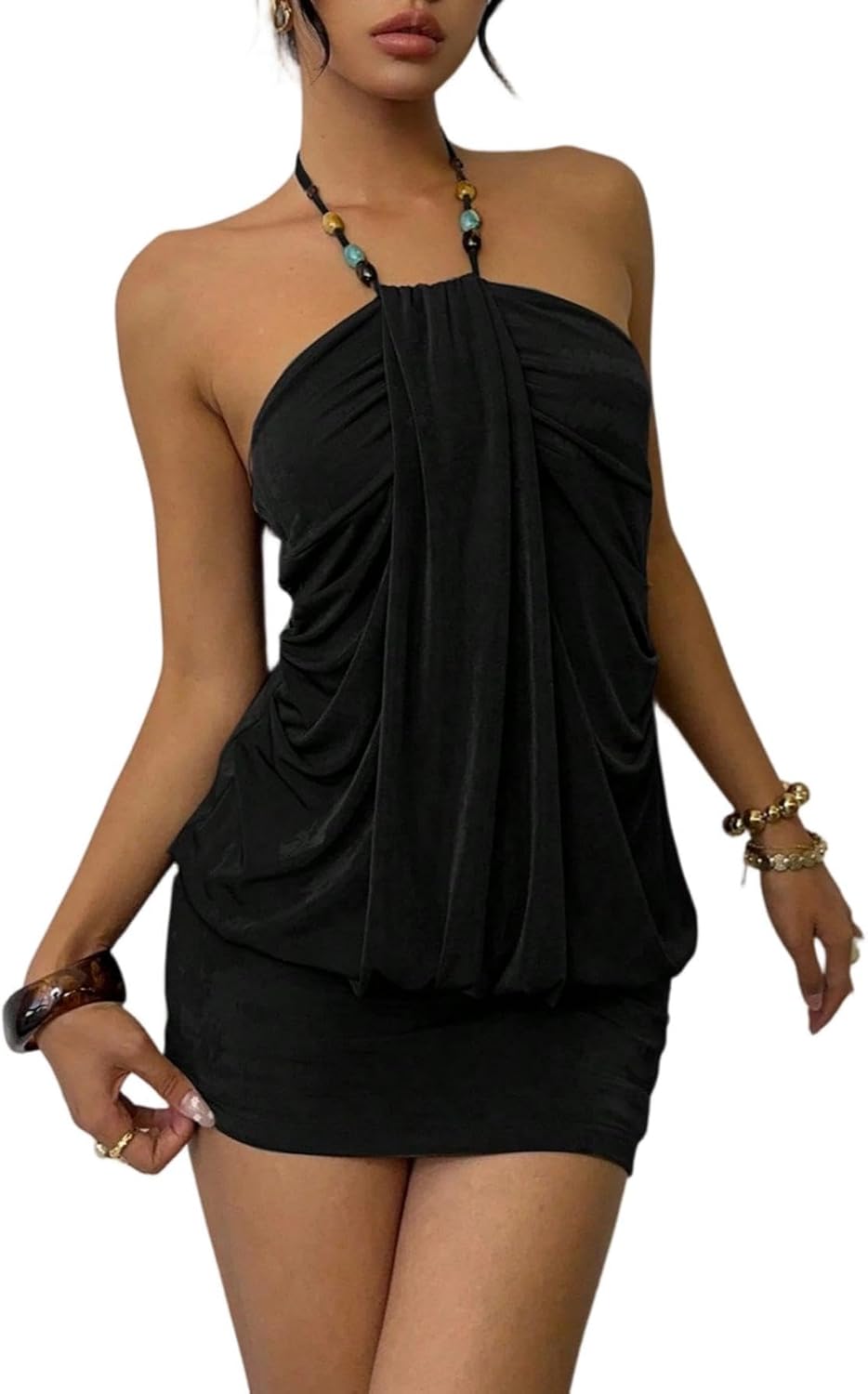 SOLY HUX Women's Y2K Halter Neck Bodycon Built-in Shorts Mini Dress | Ruched, Boho, Clubwear, Y2K Dress for Women, Sexy, Backless, Sleeveless, Night Out Dress