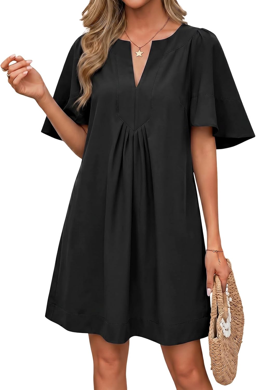 Wenrine Womens Shift Mini Dress Casual Short Sleeve Summer Dresses | Flutter Sleeve, V Neck, Loose Fit, Flowy, Short Beach dresses, Vacation