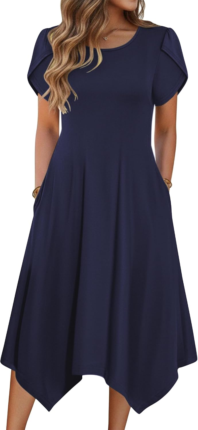 Zeagoo Womens Casual Dress for Summer Loose Hankerchief Flare Midi Sundress | Floral Print, Boho Style, Fall Wedding Guest Dress, A Line,Crew Neck, Side Pockets, Asymmetrical Hem, for Beach, Casual,Daily