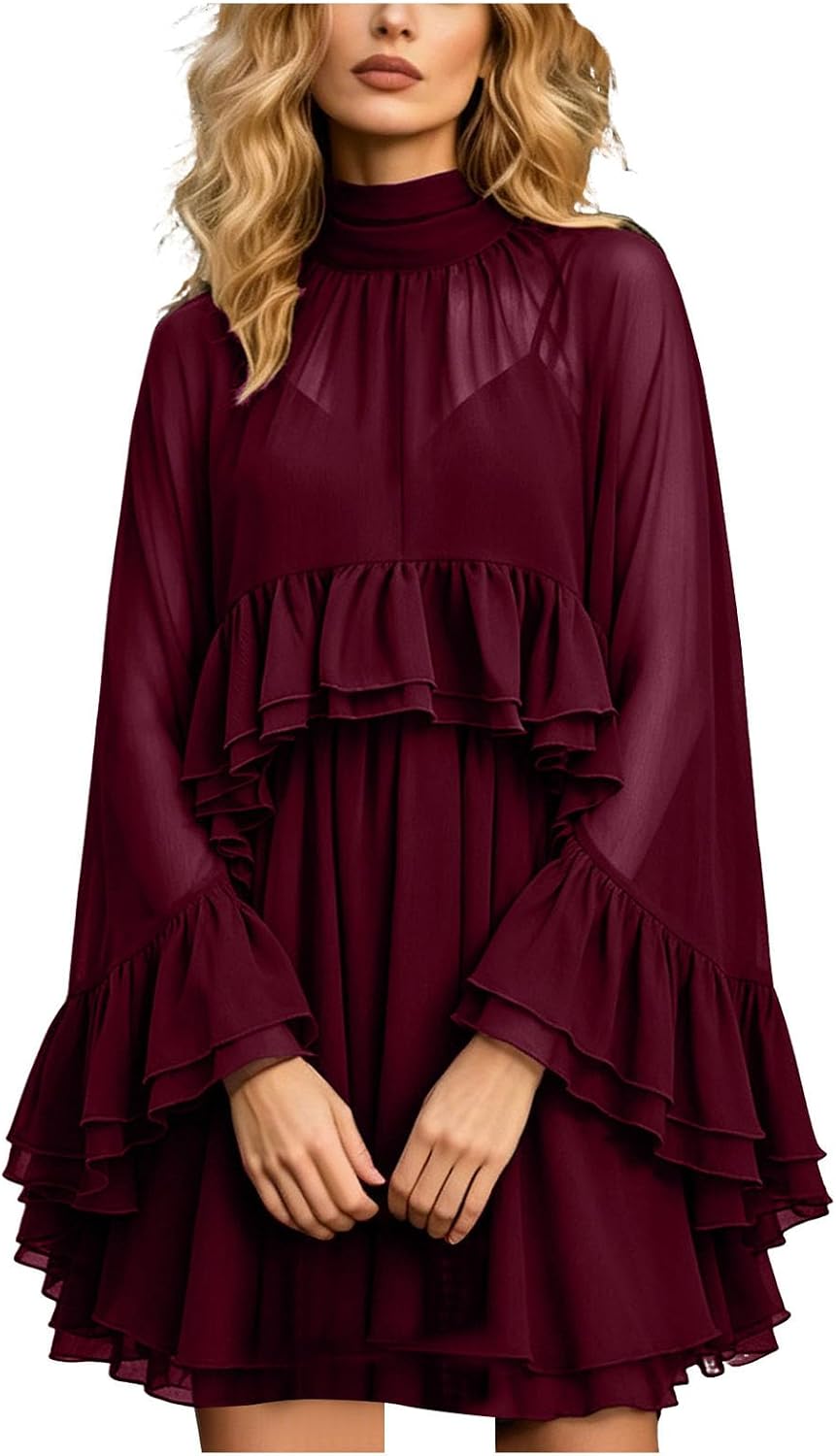 Chiffon Cape Dress for Women Sheer Ruffle Cape Sleeve Chiffon Wrap Cami Dress with Shawl Draped Dresses with Sheer Overlay