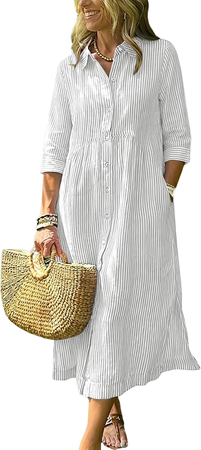 Women's Boho Striped Dress High-Low Waistline Button Down Midi Shirt Dress | Fashion Lapel, 3\/4 Sleeve, Flowy A Line, Side Slit, Slant Pocket, Casual Loose Mid Long Cotton Dress for Party Beach Vacation