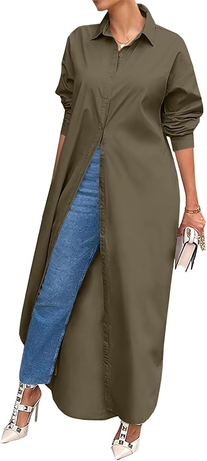 Shirt Dresses for Women Casual Long Sleeve Cotton Button Down Maxi Dresses | Oversized,Solid Color,Loose Fit,Plus Size,Long Shirts,Button Down Dress