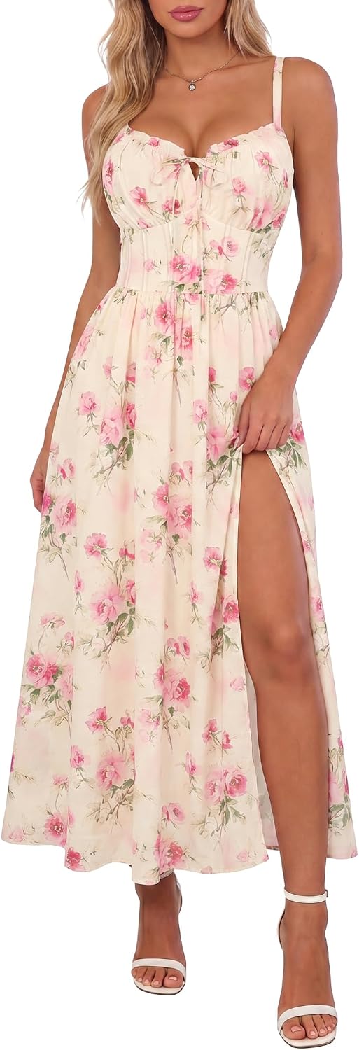Scarlet Darkness Wedding Guest Dresses for Women Floral Corset Sundress | V Neck, Slit, with Pockets, for Summer, Tea Party, Graduation, Casual