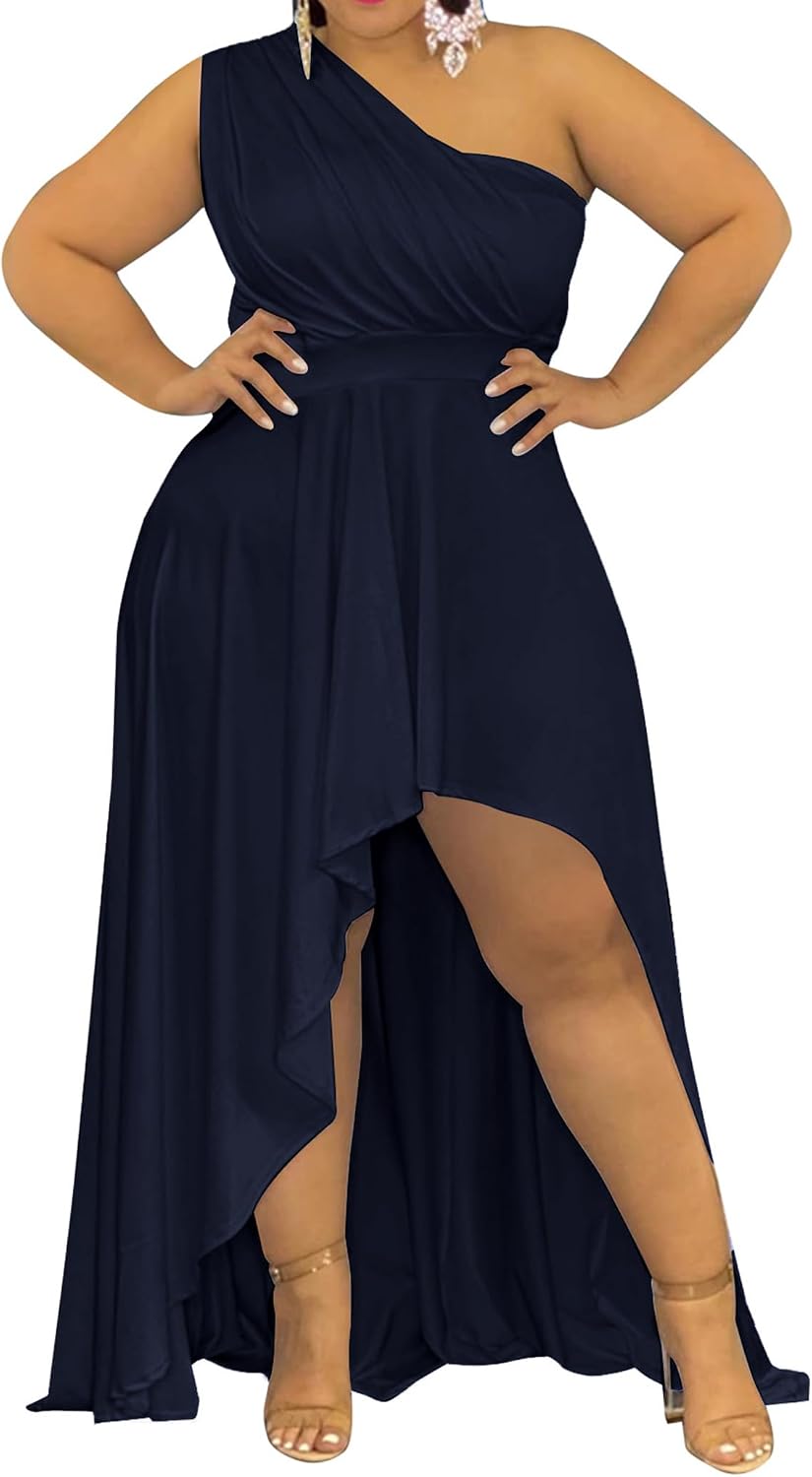 Ekaliy Women's Plus Size One Shoulder Irregular Maxi Cocktail Dress | Soft stretch fabric,sleeveless one shoulder high waist dress,curved thigh slit,asymmetrical hem for cocktail party wear.