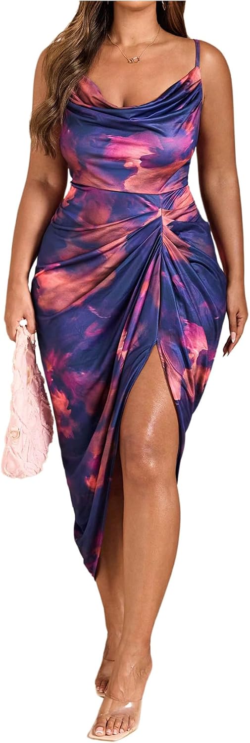WDIRARA Women's Plus Size Tie Dye Bodycon Long Dress Cowl Neck Sleeveless Ruched Split Cami Dresses