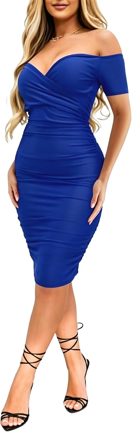 Ekaliy Women's Sexy Off The Shoulder Midi Dress Ruched Bodycon Dresses | Stretchy fabric,off shoulder,bodycon,short sleeve,ruched midi dress hugs curves for formal occasions