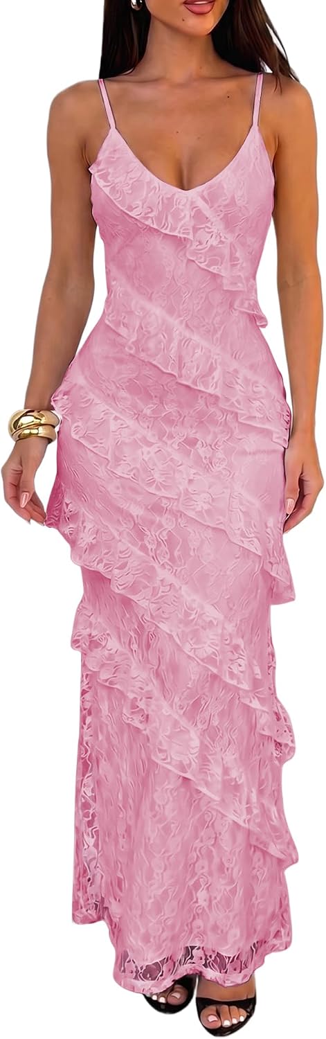 HOCILLE Women's Sexy V Neck Floral Wedding Guest Cocktail Maxi Dress | Sundress Lace Bodycon Spaghetti Strap Elegant Ruffle Party Long Dresses