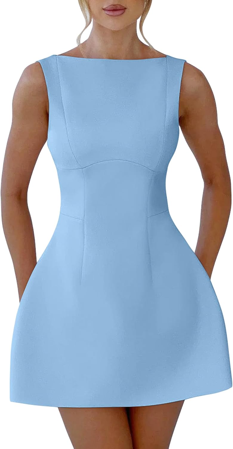 YMDUCH Women's Sexy Sleeveless Crew Neck A-line Party Mini Dress | Backless,Back Zipper,Short,Sexy,Club,Solid,Fitted,Elegant,Cocktail,Party,Comfy,Wedding Guest,Graduation,Date Night,Sexy