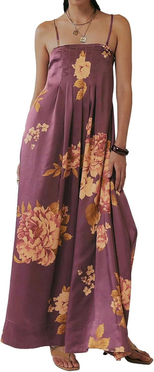 ABYOVRT Women Boho Floral Maxi Dress Backless Spaghetti Strap A-Line Flowy Summer Vacation Long Dress