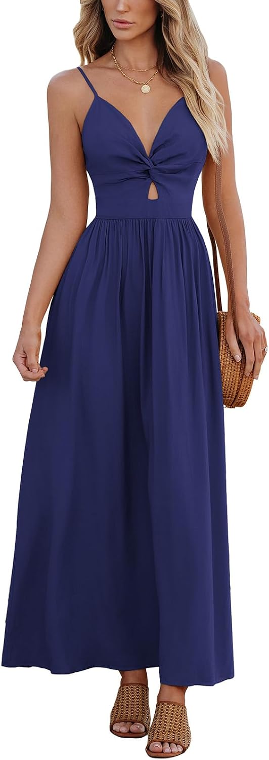 CUPSHE Women's V Neck Twisted Pleated Cutout Backless Formal Maxi Dress | Sleeveless, Self Tie Back, Adjustable Spaghetti Straps, Open Back, Casual Flowy Long Skirt, Summer Beach Resort Sundress