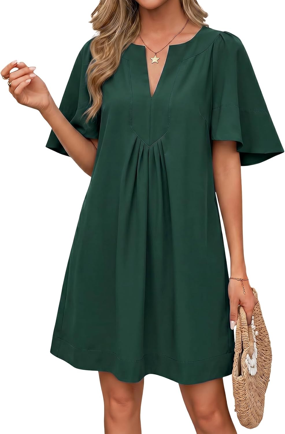 Wenrine Womens Shift Mini Dress Casual Short Sleeve Summer Dresses | Flutter Sleeve, V Neck, Loose Fit, Flowy, Short Beach dresses, Vacation