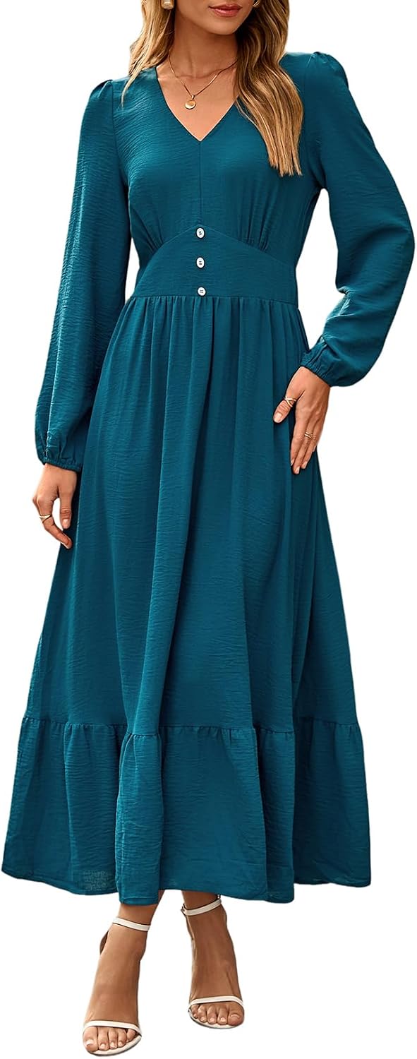 Dokotoo Womens Maxi Dresses Casual V Neck Elegant Flowy Tiered Dress | Long Lantern Sleeve,Ruffle Long Dress,High Waist,Fall Wedding Guest Dresses,Vintage,Beach Vacation Outifits,Cocktail Party