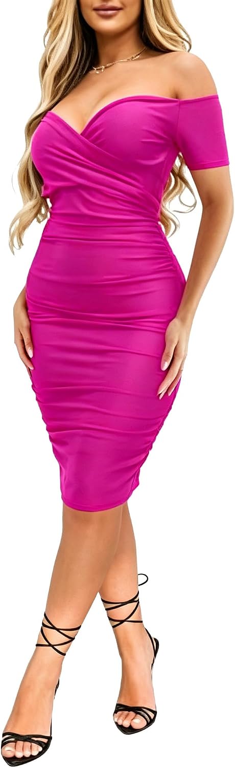 Ekaliy Women's Sexy Off The Shoulder Midi Dress Ruched Bodycon Dresses | Stretchy fabric,off shoulder,bodycon,short sleeve,ruched midi dress hugs curves for formal occasions