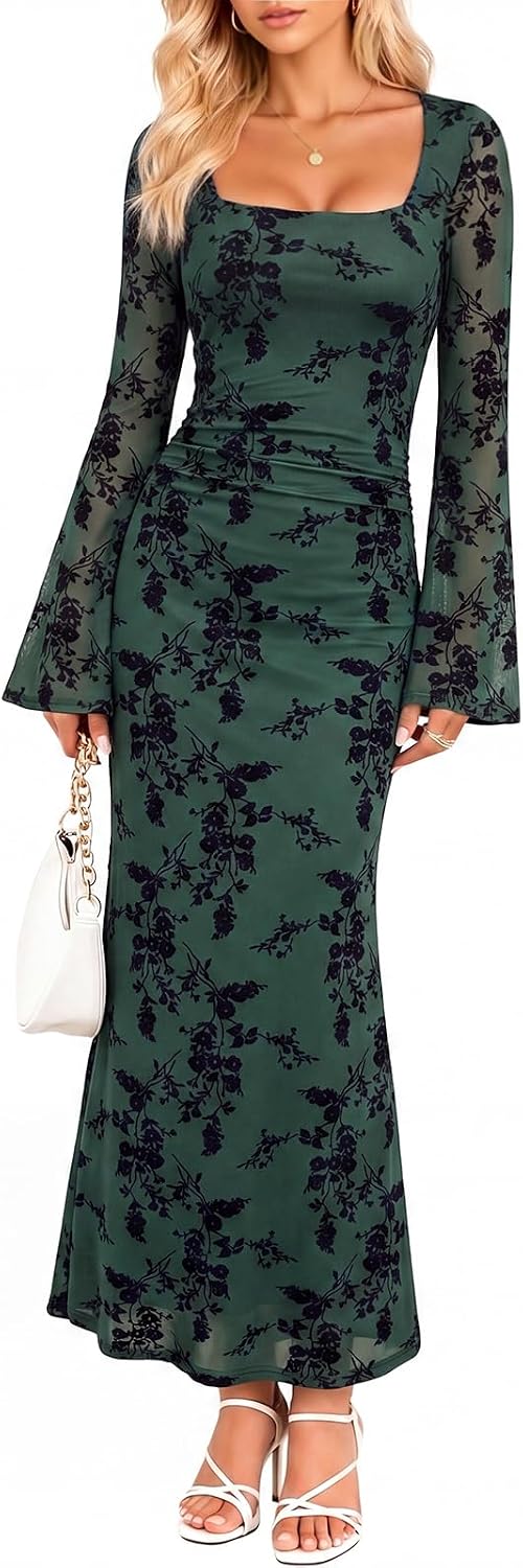 Pagfxmn Women's Floral Bodycon Maxi Dress Square Neck Bell Long Sleeve Mesh Elegant Wedding Guest Cocktail Party Dresses