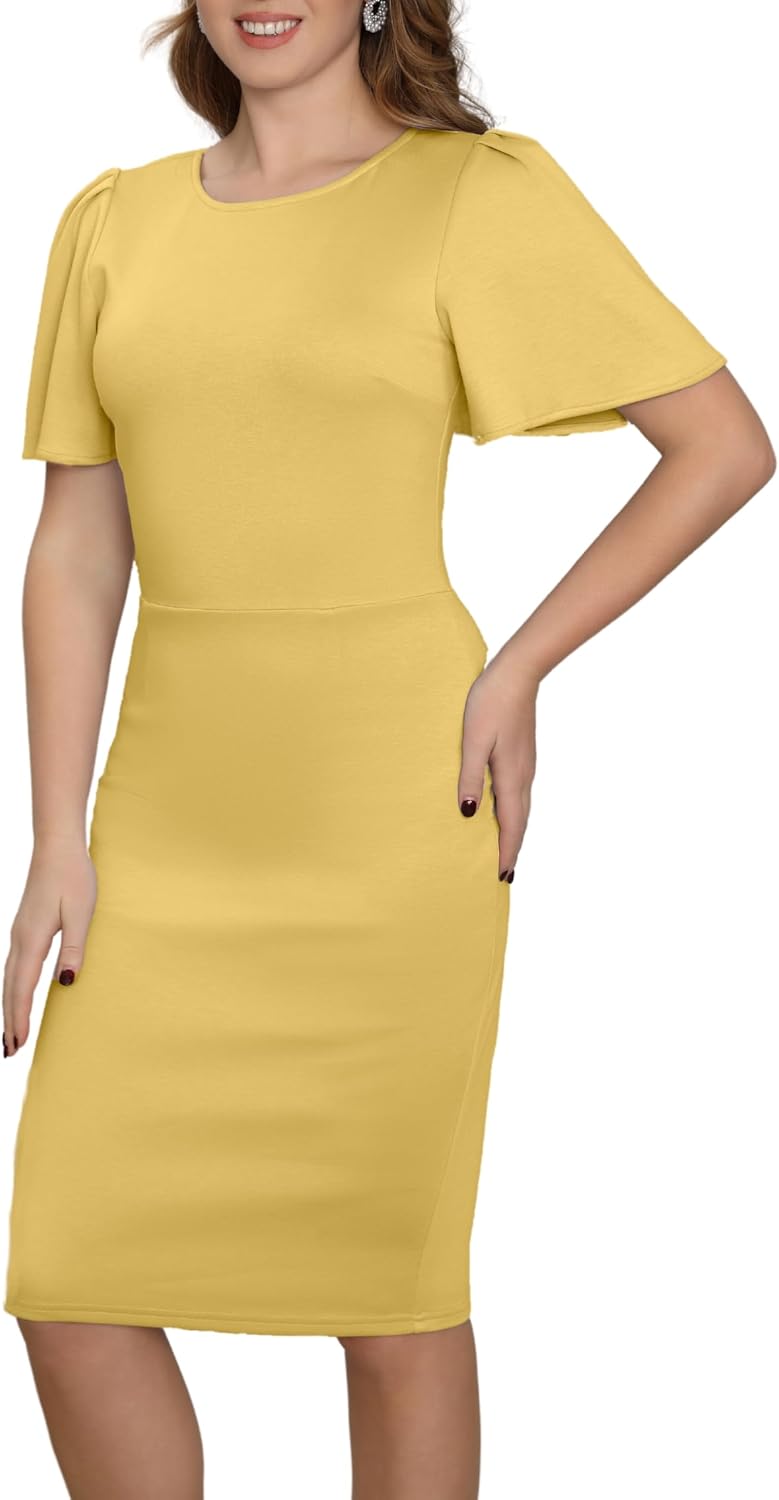 Aphratti Women's Work Sheath Midi Dress Short Sleeve Elegant Classy Modest Cocktail Party Dress