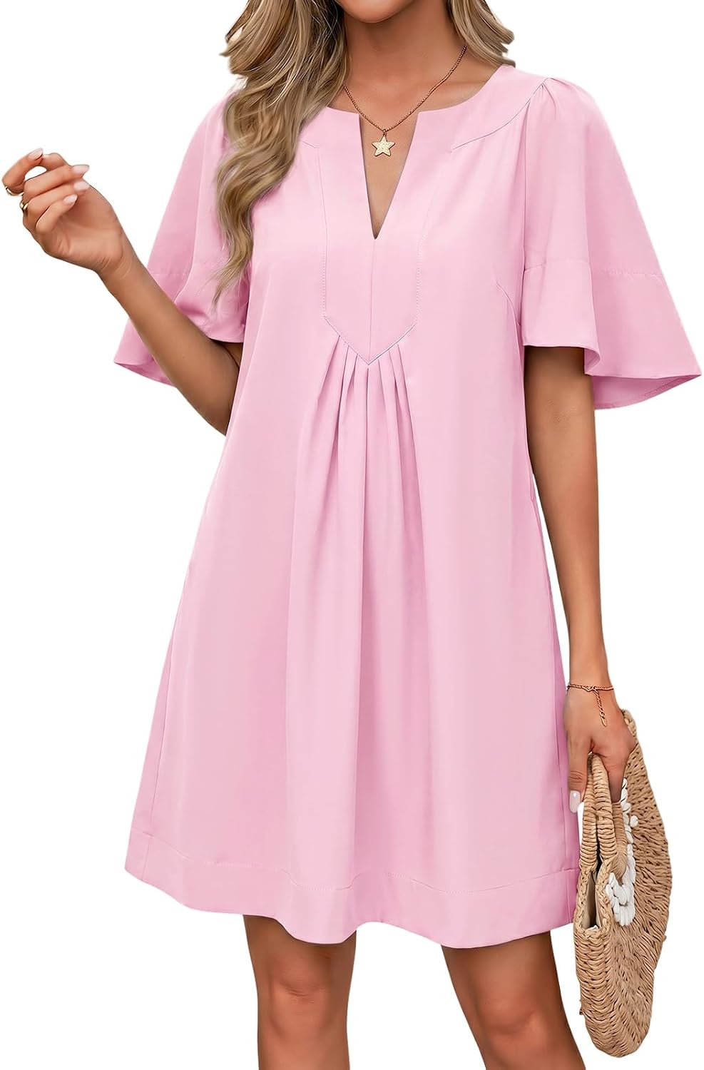 Wenrine Womens Shift Mini Dress Casual Short Sleeve Summer Dresses | Flutter Sleeve, V Neck, Loose Fit, Flowy, Short Beach dresses, Vacation