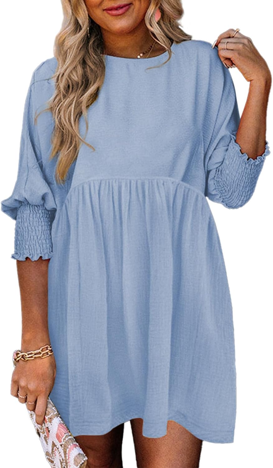 Dokotoo Womens Empire Waist 3\/4 Sleeve Casual Babydoll Mini Dress | Knee Length, Country Western Short Dresses for Fall, Party Church Baby Shower Wedding Guest Office Work Teacher Outfits