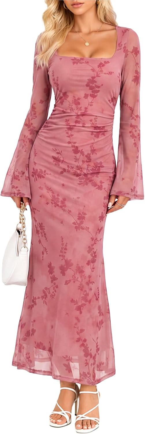 Pagfxmn Women's Floral Bodycon Maxi Dress Square Neck Bell Long Sleeve Mesh Elegant Wedding Guest Cocktail Party Dresses