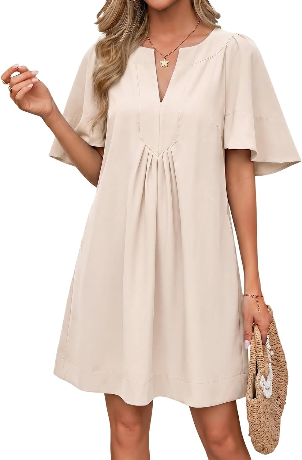 Wenrine Womens Shift Mini Dress Casual Short Sleeve Summer Dresses | Flutter Sleeve, V Neck, Loose Fit, Flowy, Short Beach dresses, Vacation