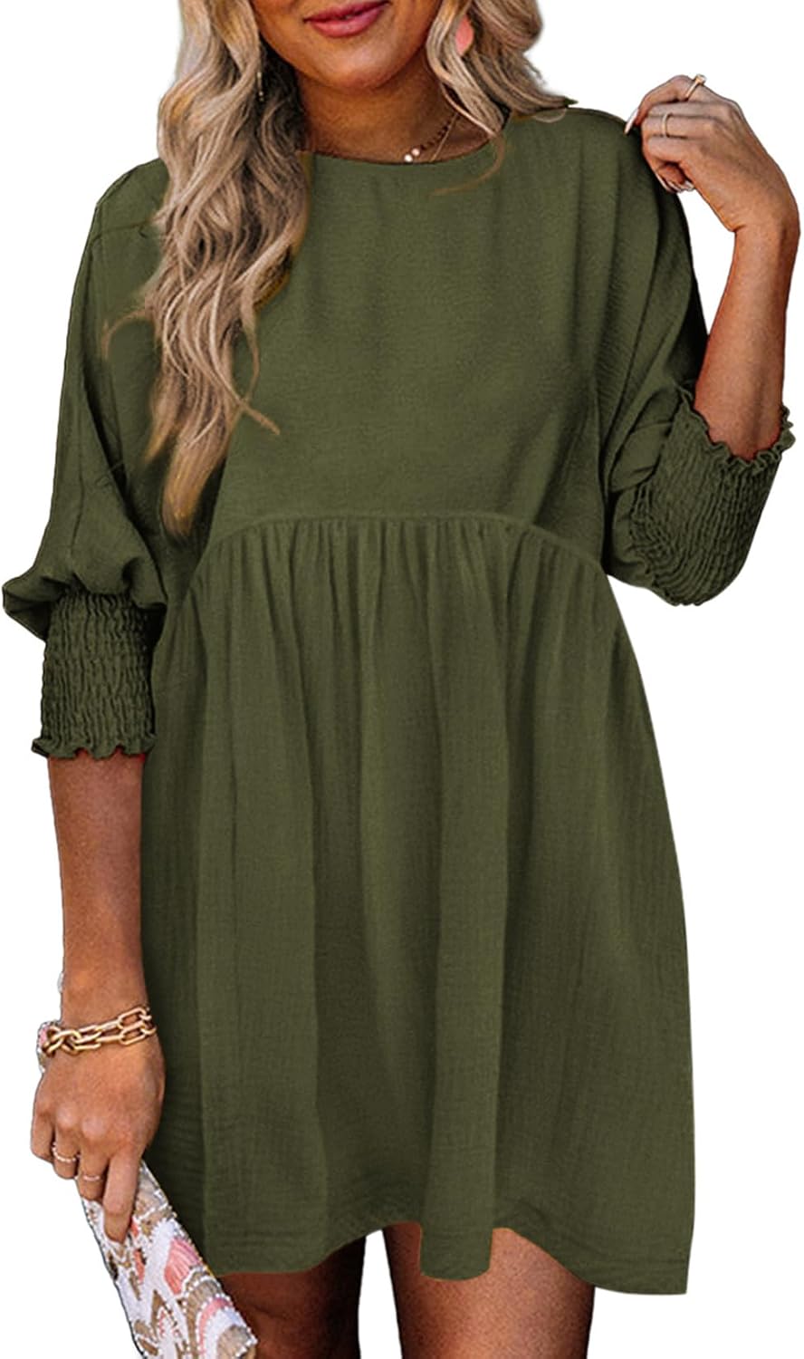 Dokotoo Womens Empire Waist 3\/4 Sleeve Casual Babydoll Mini Dress | Knee Length, Country Western Short Dresses for Fall, Party Church Baby Shower Wedding Guest Office Work Teacher Outfits