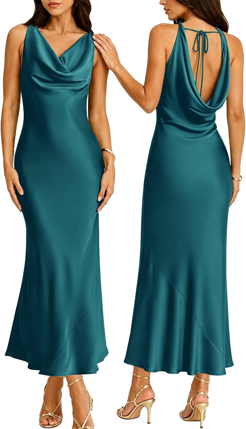 RIHOAS Women Cowl Neck Dress Satin Sleeveless Maxi Dresses | Wedding Guest,Bridesmaid,Semi Formal,Formal,Party,Cocktail,Elegant,Bridal Shower,Prom,Back Tie,Fall,Dinner,Christmas