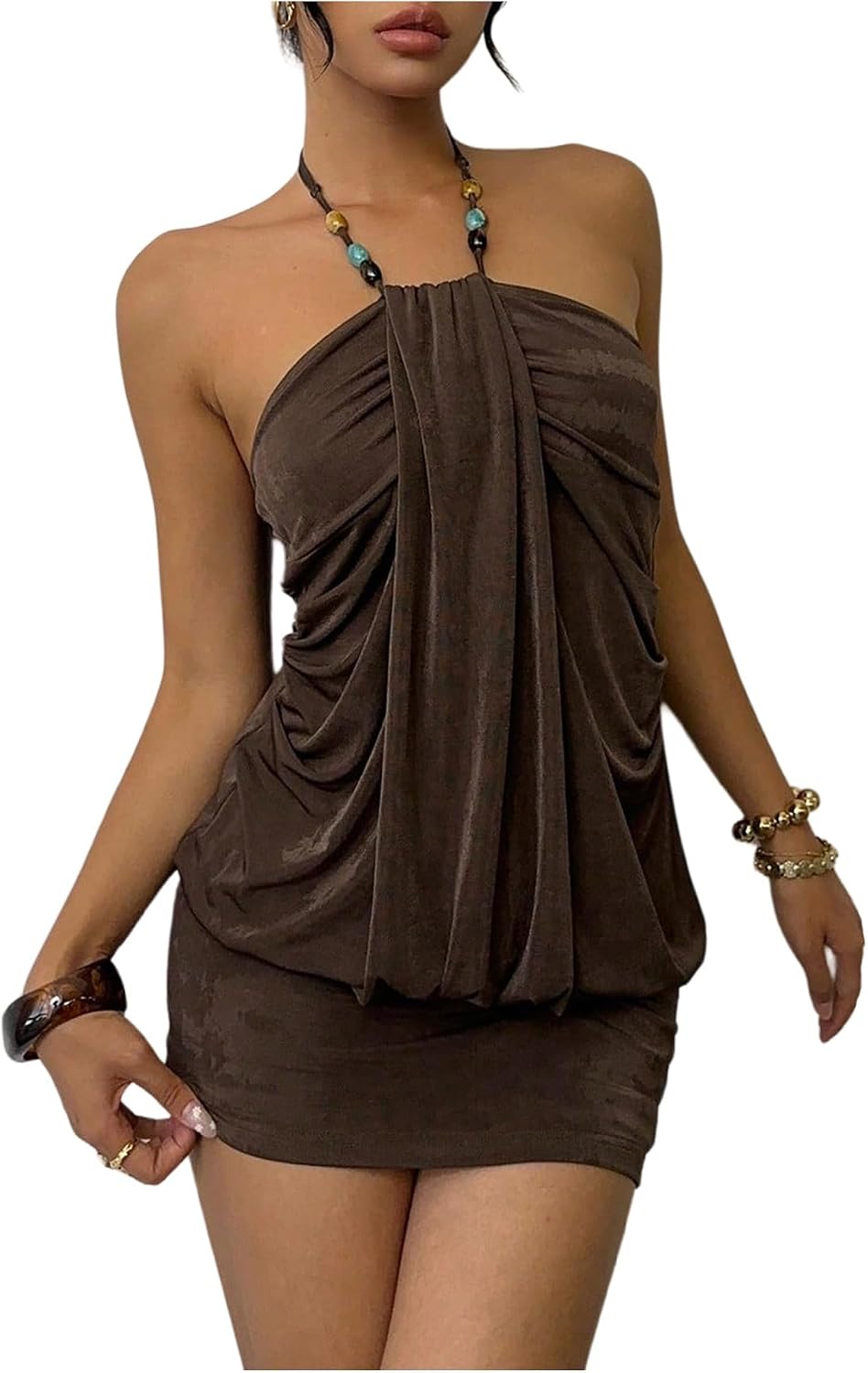 SOLY HUX Women's Y2K Halter Neck Bodycon Built-in Shorts Mini Dress | Ruched, Boho, Clubwear, Y2K Dress for Women, Sexy, Backless, Sleeveless, Night Out Dress