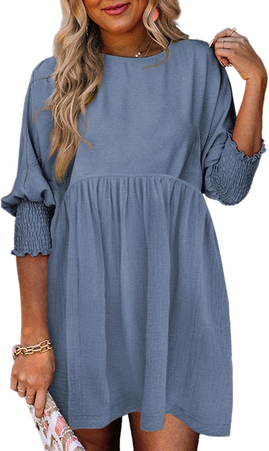 Dokotoo Womens Empire Waist 3\/4 Sleeve Casual Babydoll Mini Dress | Knee Length, Country Western Short Dresses for Fall, Party Church Baby Shower Wedding Guest Office Work Teacher Outfits