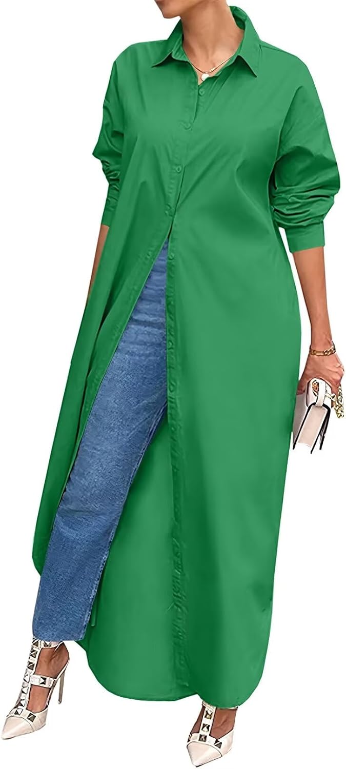 Shirt Dresses for Women Casual Long Sleeve Cotton Button Down Maxi Dresses | Oversized,Solid Color,Loose Fit,Plus Size,Long Shirts,Button Down Dress