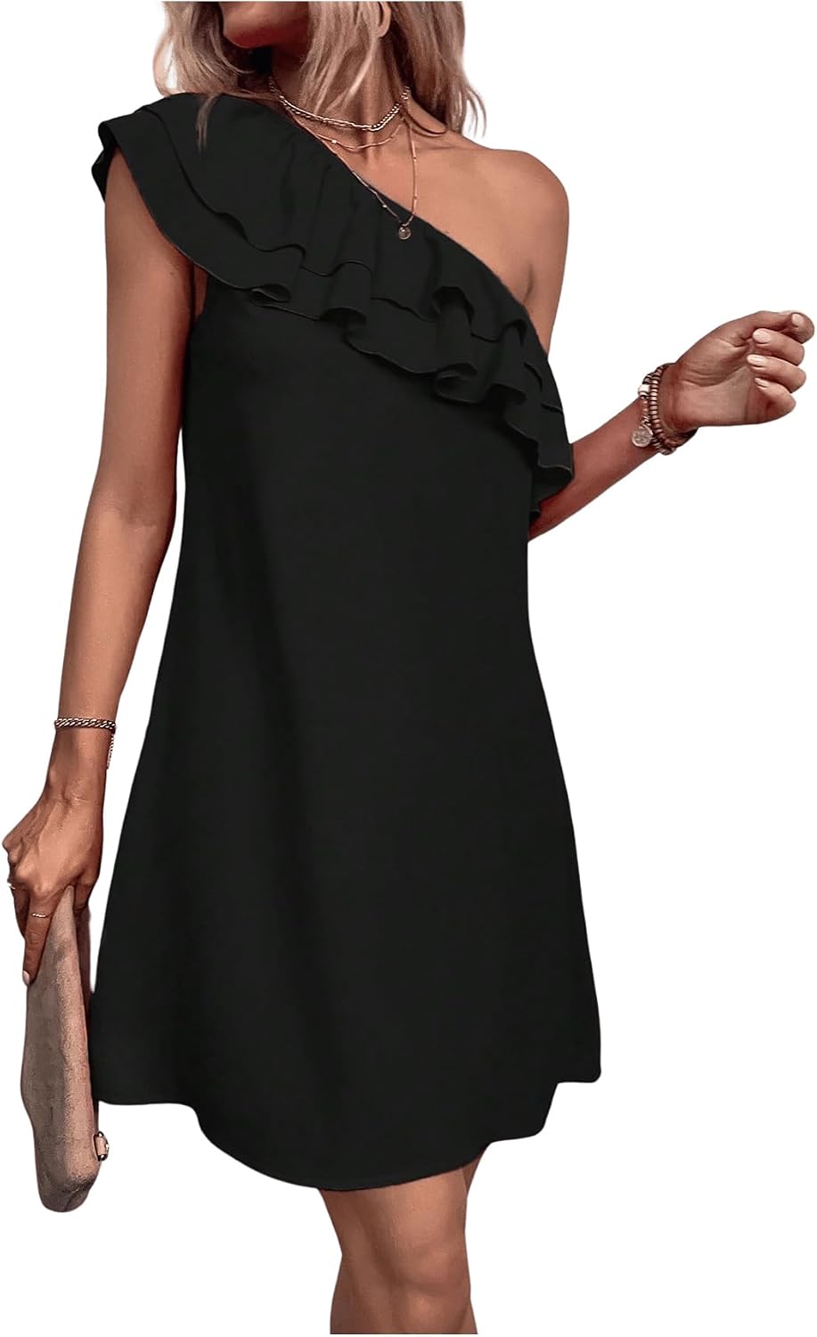 Floerns Women's One Shoulder Tiered Layered Sleeveless Ruffle Trim Tunic Dress