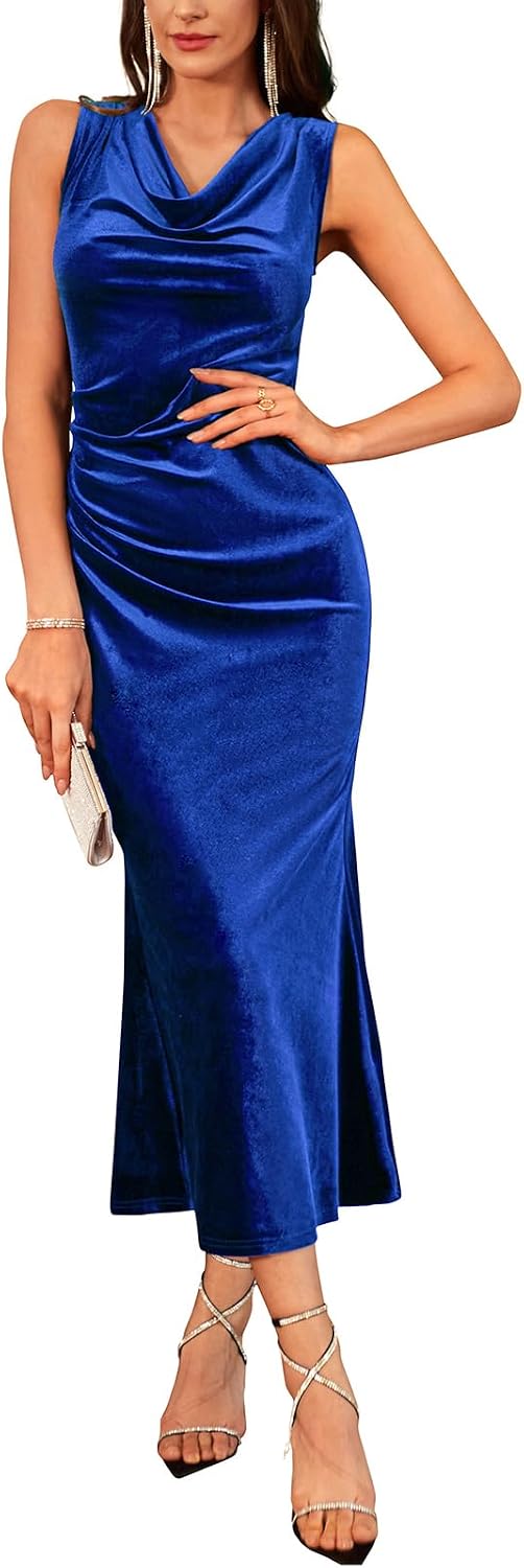 GRACE KARIN Womens Velvet Cowl Neck Wedding Guest Cocktail Dresses | Ruched Maxi Dress, Sleeveless, Mermaid Hem, 2026 Fall Winter Formal Outfits, Great for Proms\/Dinners\/Party